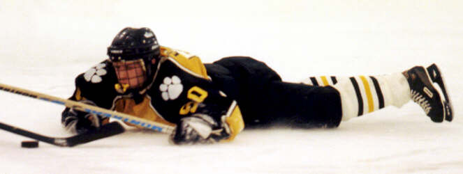 Jeremy Holmes dives to knock the puck away from Normandy.