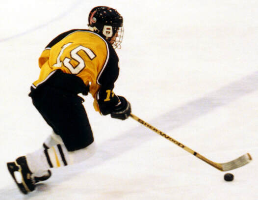 Pat Collins stickhandles across the blue line.